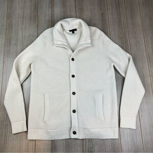 Banana Republic Cardigan Sweater Mens L Waffle Knit Mock Neck Wool Blend White